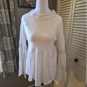 Max Jeans Women's White Crochet Lace Babydoll Peplum Long Sleeve Boho Top Small